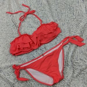 Coral Pink Bikini Set - Ruffle Top Bikini